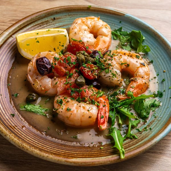 Greek shrimp saganaki with tomatoes, capers, olives, and a lemon wedge on a rustic plate.