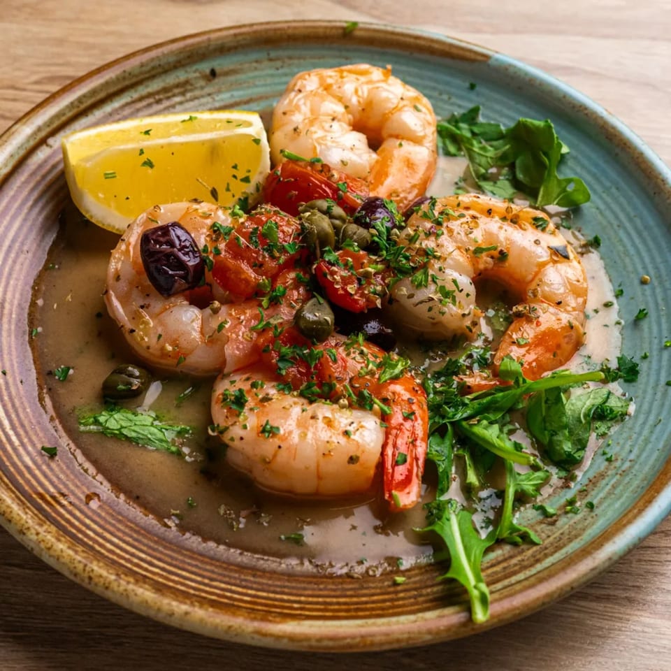 The Parthenon's Greek shrimp dish with tomatoes, capers, olives, and a lemon wedge.