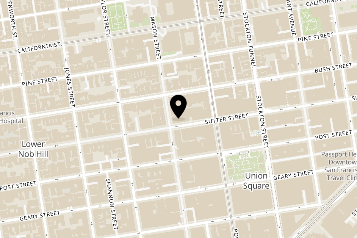 Map showing the location of The Parthenon on 582 Sutter St in San Francisco